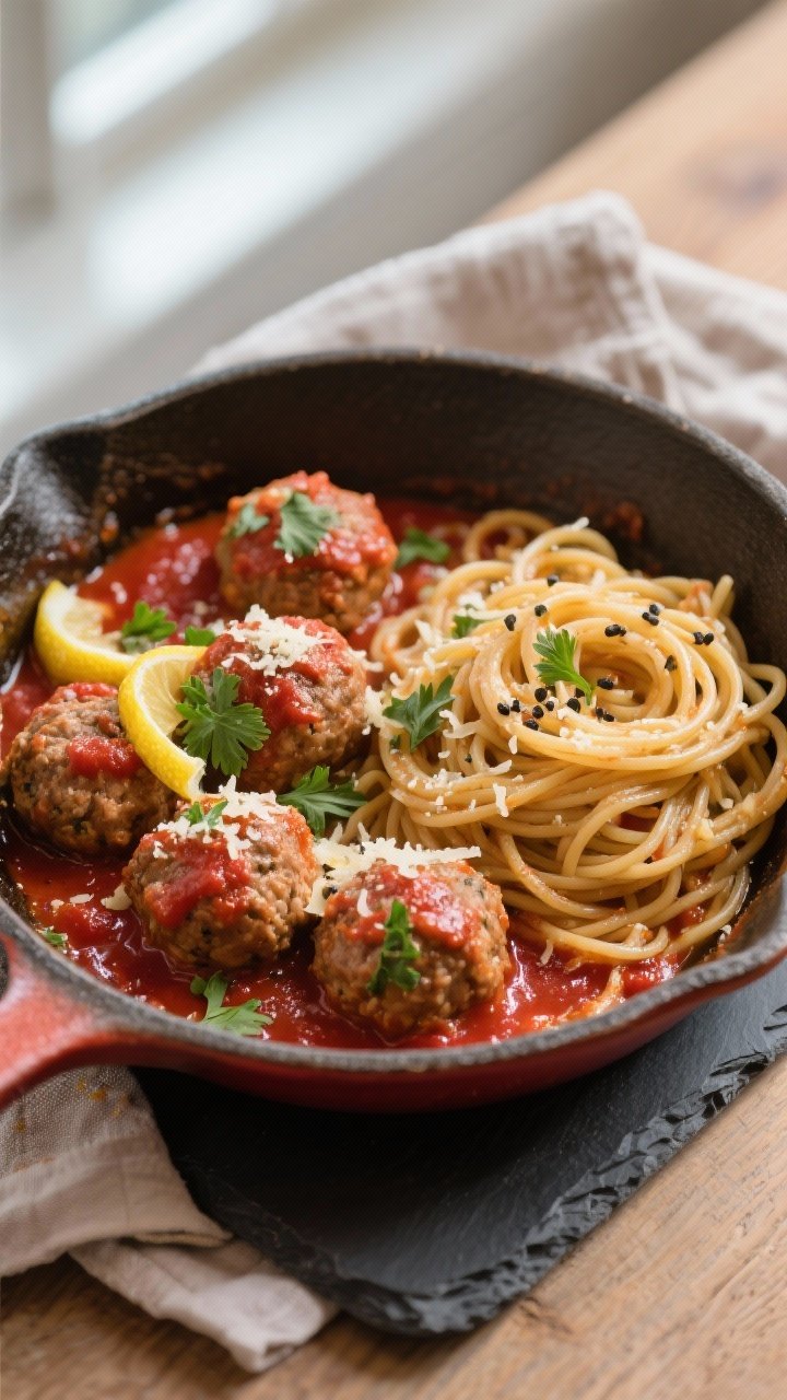 Tasty top view, final dish: Overhead shot of Italian-style turkey meatballs nestled in a skillet of 
