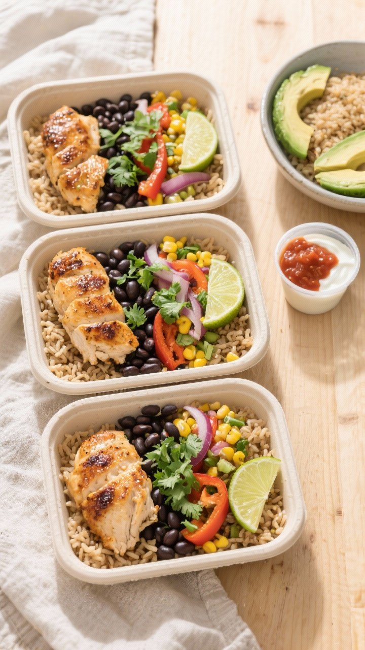 Tasty top view final meal prep: Overhead shot of four meal prep containers neatly filled with brown