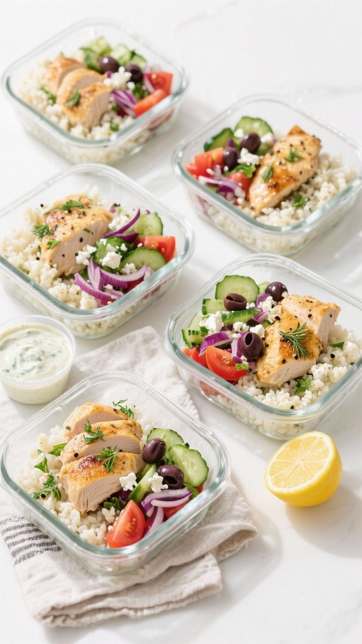 Tasty top view, final meal prep presentation: Overhead shot of four neatly arranged glass meal-prep 