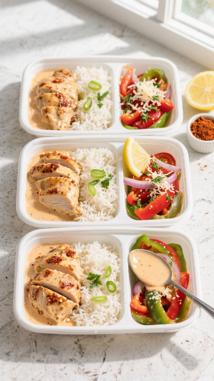 Tasty top view, final meal prep presentation: Overhead shot of creamy Cajun chicken meal prep contai