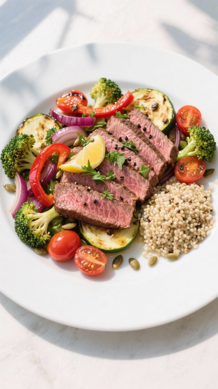 Tasty top view, final plated dish: Overhead shot of Healthy Steak & Veggie Protein Plate—thin slic