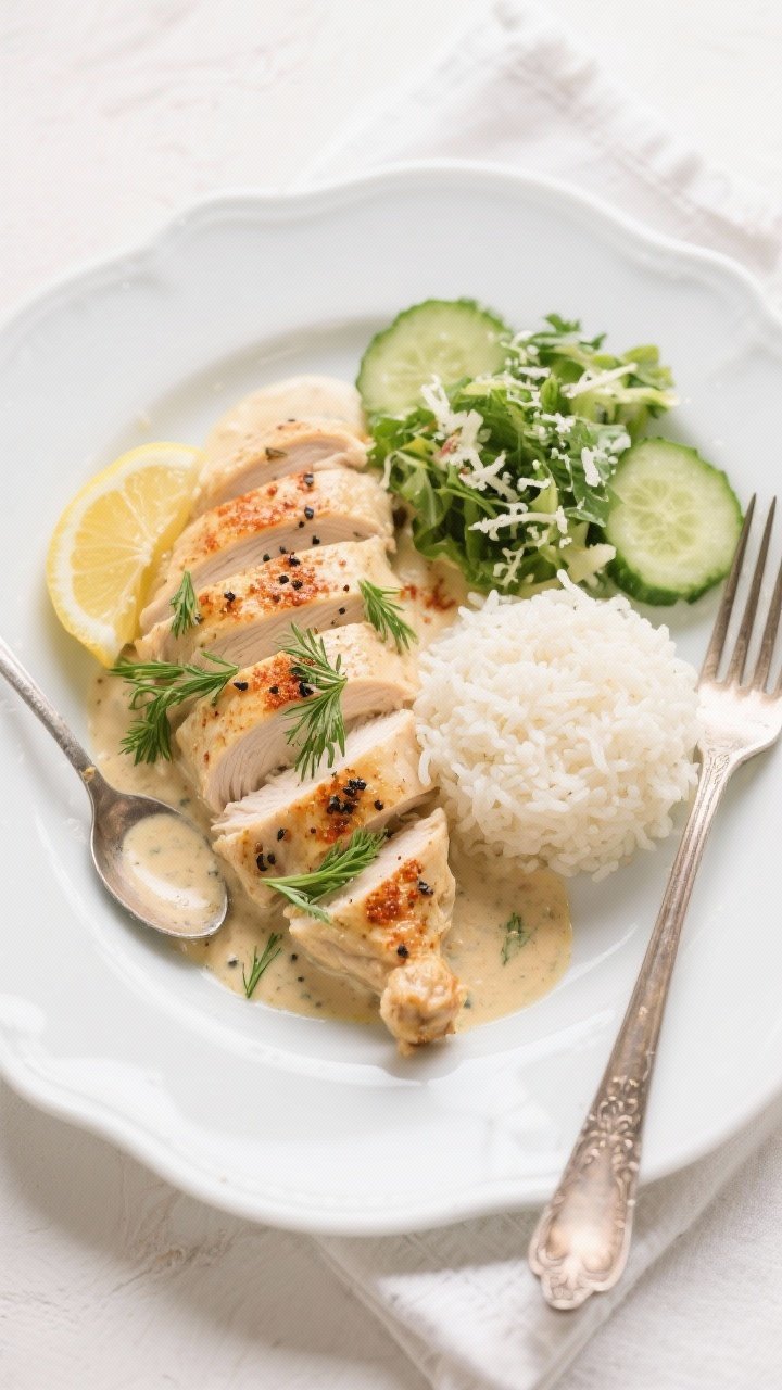 Tasty top view, final plated dish: Overhead shot of a beautifully plated serving of Creamy Greek Yog