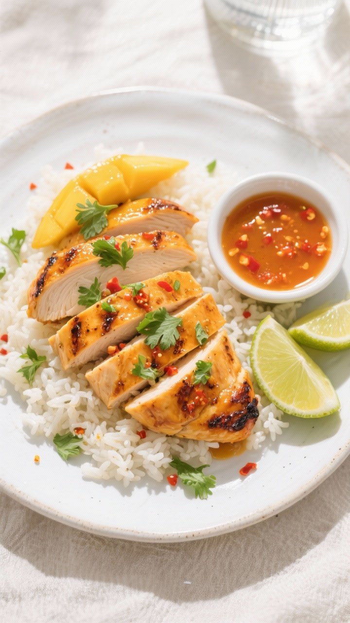 Tasty top view, final presentation: Overhead shot of sliced mango chili grilled chicken breasts fann