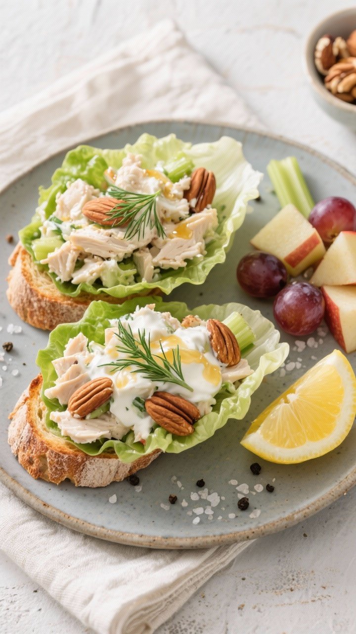 Tasty top-view final presentation: Overhead shot of the finished Greek yogurt chicken salad piled on