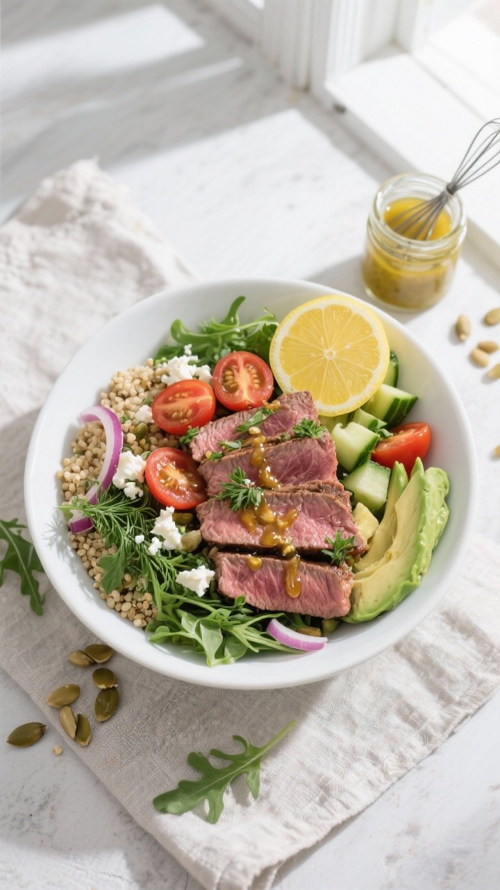 Tasty top view: Overhead shot of High Protein Lemon Herb Steak Bowl assembled for serving—quinoa a