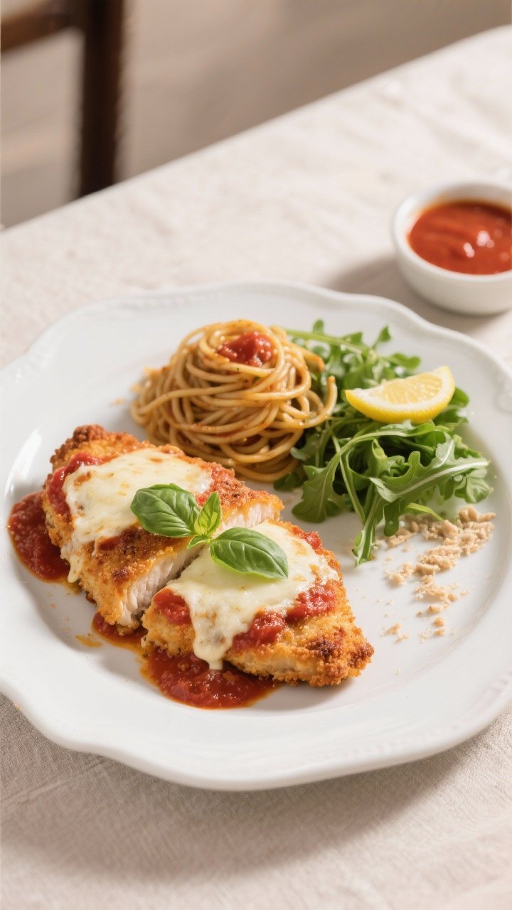 Tasty top view: Overhead shot of the final plated Baked Chicken Parmesan on a white ceramic plate—
