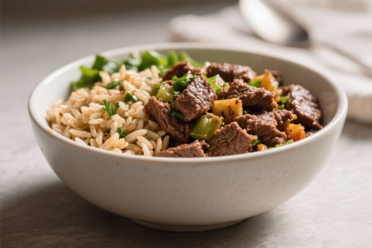 Greek Beef & Brown Rice Bowl – Bright, Hearty, and Weeknight-Friendly