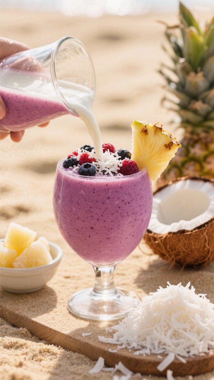 45-degree action shot of a Tropical Sunrise Berry Yogurt Smoothie being poured into a chilled clear glass: vivid purple-pink blend of mixed berries, coconut yogurt, frozen pineapple chunks, and coconut water; topped with a sprinkle of shredded coconut and a pineapple wedge garnish; background includes a small bowl of frozen pineapple, a mound of shredded coconut, and a split coconut shell; warm, beachy mood with soft golden light and tropical styling.
