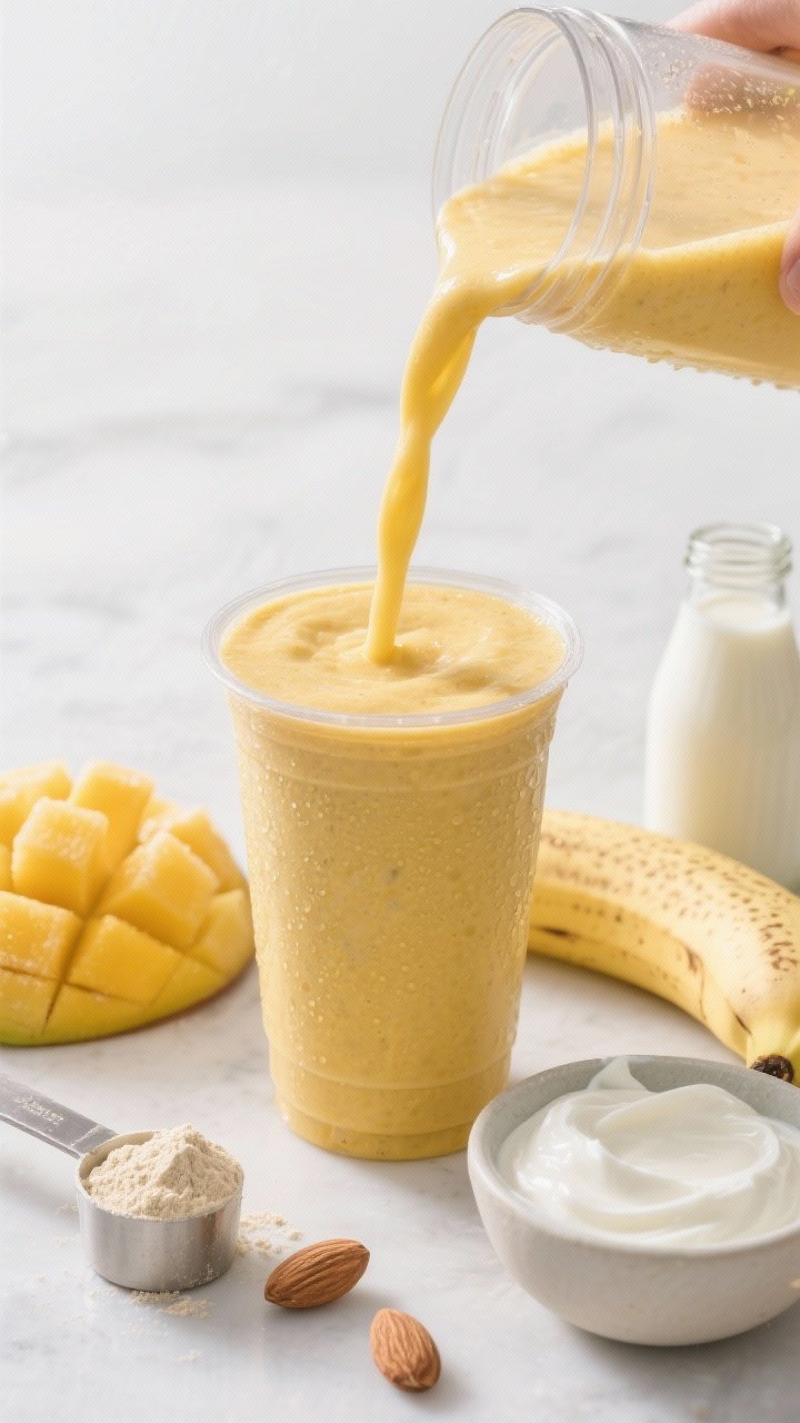 45-degree action shot pouring a thick Sunshine Protein Power-Up smoothie into a clear tumbler, showing silky flow and protein-rich body; include visual cues of ingredients around the base: frozen mango, a frosted medium frozen banana, an open scoop of vanilla whey/plant protein powder with a leveled scoop resting beside it, unsweetened almond milk in a small bottle, and a half-cup of 2% Greek yogurt in a bowl; gym-bag-approved vibe with a minimalist, bright background, condensation on the glass, focus on creamy texture and energizing sunrise-yellow color.