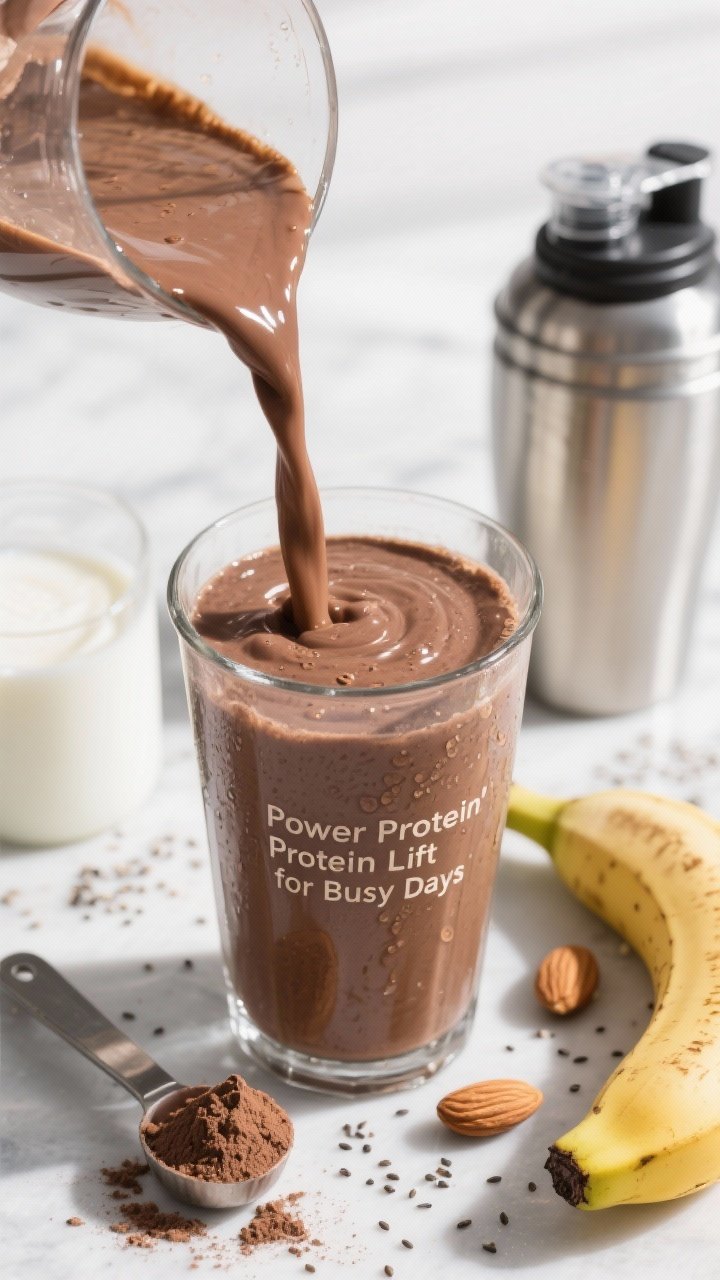 45-degree angle action shot for “Power Protein Lift for Busy Days”: a medium-size, protein-packed chocolate almond banana smoothie being poured into a tall tumbler, thick stream showing glossy viscosity. Visible ingredients and props suggesting a busy morning: a scoop of chocolate protein powder with a leveled scoop beside it, a medium banana, almond milk, almond butter, chia seeds sprinkled on the surface, and a stainless shaker bottle in the background. Crisp, energetic mood with bright, directional light and subtle condensation on glass.