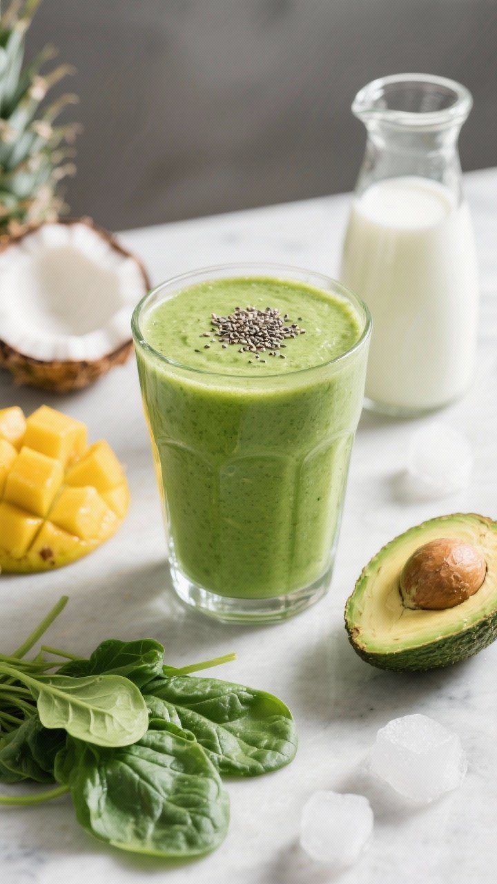 45-degree angle close-up of a Green Glow Pineapple Mango Smoothie in a chilled glass, highlighting the velvety, vibrant green color from baby spinach and avocado. Surround with ingredient cues: a handful of baby spinach leaves, 1/2 ripe avocado (pit showing), frozen pineapple and mango chunks, and a small carafe of chilled coconut milk. Add a minimal sprinkle of chia seeds on top for texture. Soft daylight, clean modern setting, focus on creamy texture and dessert-like appeal.