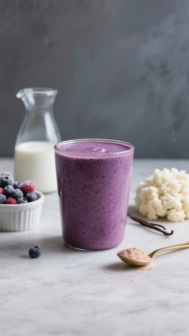 45-degree angle close-up of a protein-packed berry vanilla power smoothie in a matte tumbler, ultra-smooth texture with a rich berry-purple hue; visible scoop of vanilla protein powder on a small brass spoon, a ramekin of frozen mixed berries, and a neat mound of frozen cauliflower rice in the background; unsweetened vanilla almond milk in a small carafe ready to pour; clean athletic morning vibe, cool tones, shallow depth of field, no people.