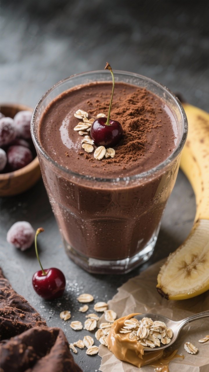 45-degree angle close-up of the Chocolate-Cherry Power Smoothie poured thick into a clear glass, topped with a dusting of unsweetened cocoa powder and a few oat flakes. Style the scene with ingredient hints: a small bowl of frozen cherries, a halved frozen banana, a spoonful of rolled oats, and a smear of almond butter on parchment. Rich, dessert-like mood with deep chocolate-cherry tones, soft shadows, and a cold frosty glass to emphasize creaminess. No people, sharp focus on texture.
