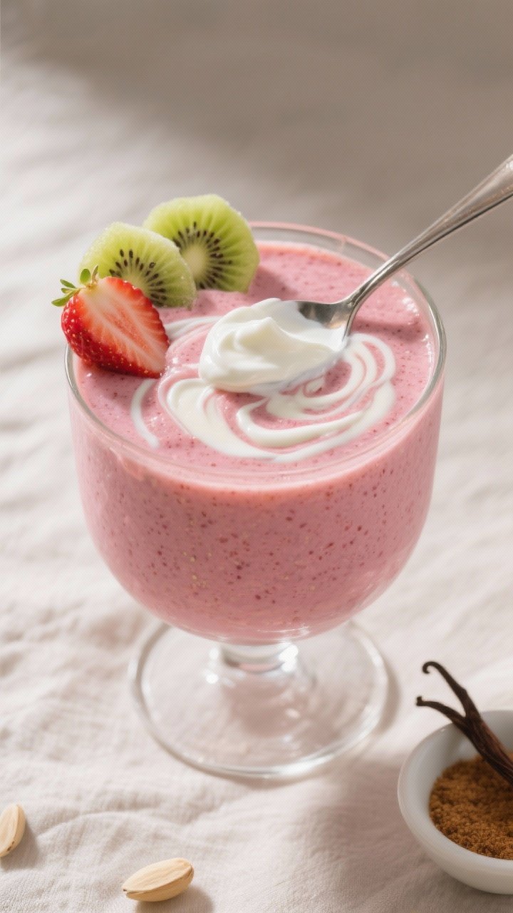 45-degree angle close-up of the Creamy Yogurt Swirl Strawberry Kiwi Smoothie that feels like dessert, showing luscious Greek yogurt swirls through a thick pink smoothie in a stemless glass; include 1 cup frozen hulled strawberries, 2 peeled chopped kiwis, 3/4 cup plain Greek yogurt, 1/2 cup unsweetened almond milk, and a small dish of vanilla extract or a sprinkle of ground vanilla; soft, dessert-like mood with warm side lighting, placed on a pale linen with a spoonful of yogurt drizzled on top and thin kiwi coins tucked into the rim.