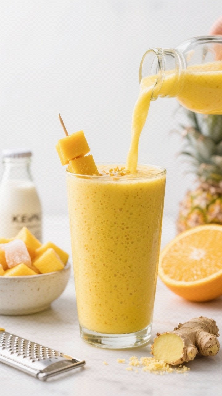45-degree angle close-up of the Mango-Ginger Sunshine Smoothie being poured into a chilled glass: vibrant sunshine-yellow hue from frozen pineapple and mango, speckled micro-bubbles, with a kefir creaminess. Garnish with a fine grate of fresh ginger on top and a tiny mango cube skewer. Include a shallow depth-of-field background showing the key ingredients prepped: a bowl of frozen mango and pineapple chunks, a small bottle of kefir, a juicer with freshly squeezed orange juice, and a microplane with a nub of freshly grated ginger. Clean, bright studio lighting emphasizing zingy, refreshing mood.
