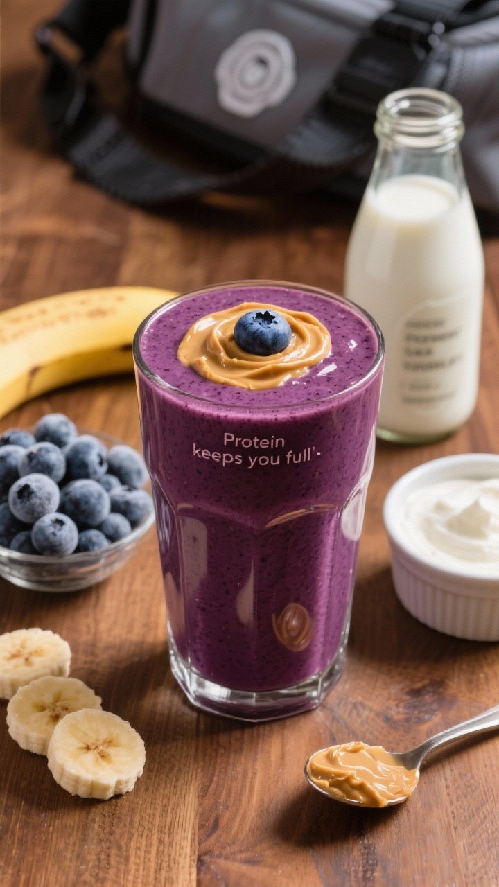45-degree angle close-up of the Protein Powerhouse smoothie in a tall glass, rich deep-purple hue with a glossy surface, thick enough to hold a blueberry and a peanut-butter swirl on top. Place beside the ingredients used: 1 medium frozen banana, a mound of frozen blueberries, a splash-ready glass bottle of milk (label hinting dairy or soy), a ramekin of plain Greek yogurt (or skyr), and a spoon with natural peanut butter. Set on a warm wood tabletop with subtle gym-bag texture in the background for “keeps you full” mood, crisp professional lighting.