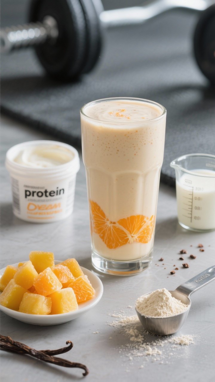 45-degree angle hero shot of a Protein-Packed Orange Dream Shake in a tall glass, thick and velvety with a vanilla hue kissed by orange; visible layers of frozen mango chunks and orange segments in a small dish beside it, a scoop of vanilla protein powder on a stainless scoop, tub of vanilla Greek yogurt open, and a measuring cup of milk alternative; subtle vanilla bean specks and frosty glass texture; clean gym-chic backdrop to emphasize “protein” vibe, no people.