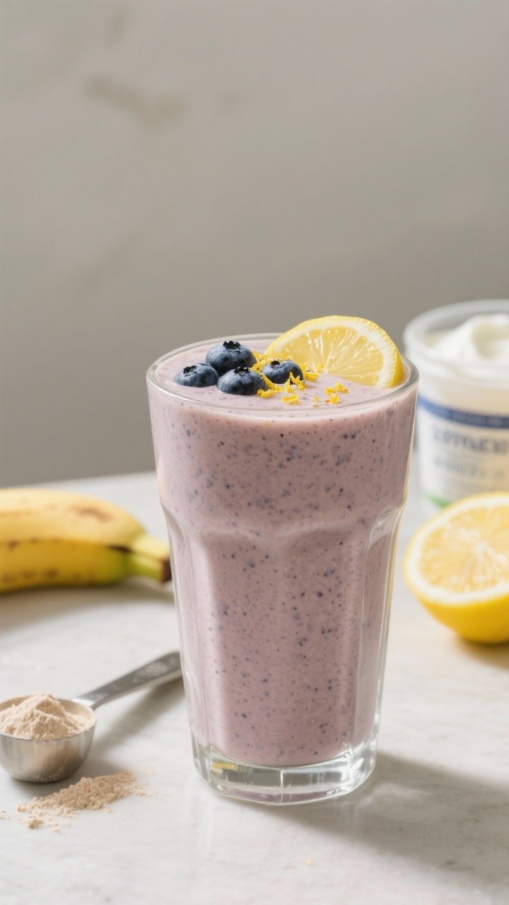 45-degree angle hero shot of the Protein Power Lemon Blueberry Breakfast Smoothie poured into a tall clear glass, thick and velvety, garnished with a sprinkle of lemon zest and a few whole blueberries on top. Visible ingredient hints in the background: scoop of vanilla protein powder in a measuring scoop, a small frozen banana, unsweetened Greek yogurt or skyr tub, and a cut lemon. Neutral backdrop, soft side light to highlight creamy texture and protein-rich heft, shallow depth of field to keep the smoothie front and center.