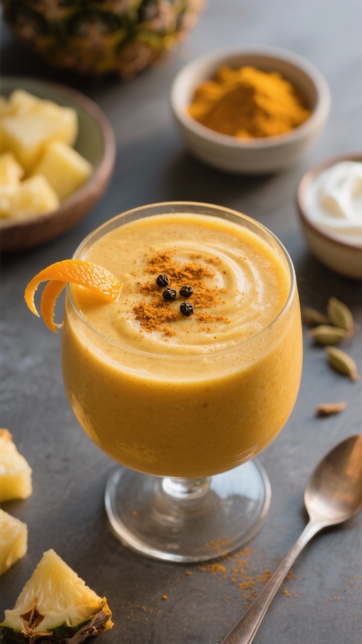 45-degree angle hero shot of the Sunset Spice Sunshine Smoothie in a stemless glass: deep sunset-gold color from pineapple and fresh orange juice, creamy body from vanilla Greek yogurt, with a fine dusting swirl of ground turmeric and a pinch of ground cardamom on top. Add 1–2 fresh black pepper twists for subtle specks, and a thin orange twist garnish at the rim. In the background, small bowls holding turmeric (vivid yellow) and cardamom (warm beige), plus frosty pineapple chunks and a spoon of vanilla yogurt. Soft, moody late-afternoon light to evoke “sunset,” with selective focus and appetizing sheen.