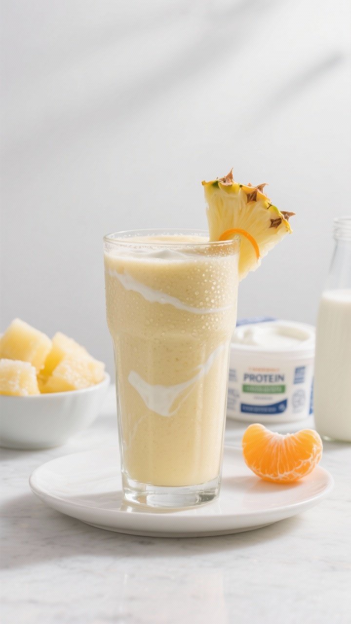 45-degree angle plated shot of the Protein Sunrise Smoothie in a tall clear glass, ultra-creamy with pale golden pineapple hue and slight yogurt ripples; garnished with a thin orange wheel on the rim and a small pineapple wedge; ingredients subtly staged in the background: frozen pineapple in a bowl, a tub of plain Greek yogurt (2% or full-fat), a small orange peeled and segmented, and a carton of light coconut milk or unsweetened almond milk; soft morning light, clean white backdrop, condensation on the glass, professional styling, no people.