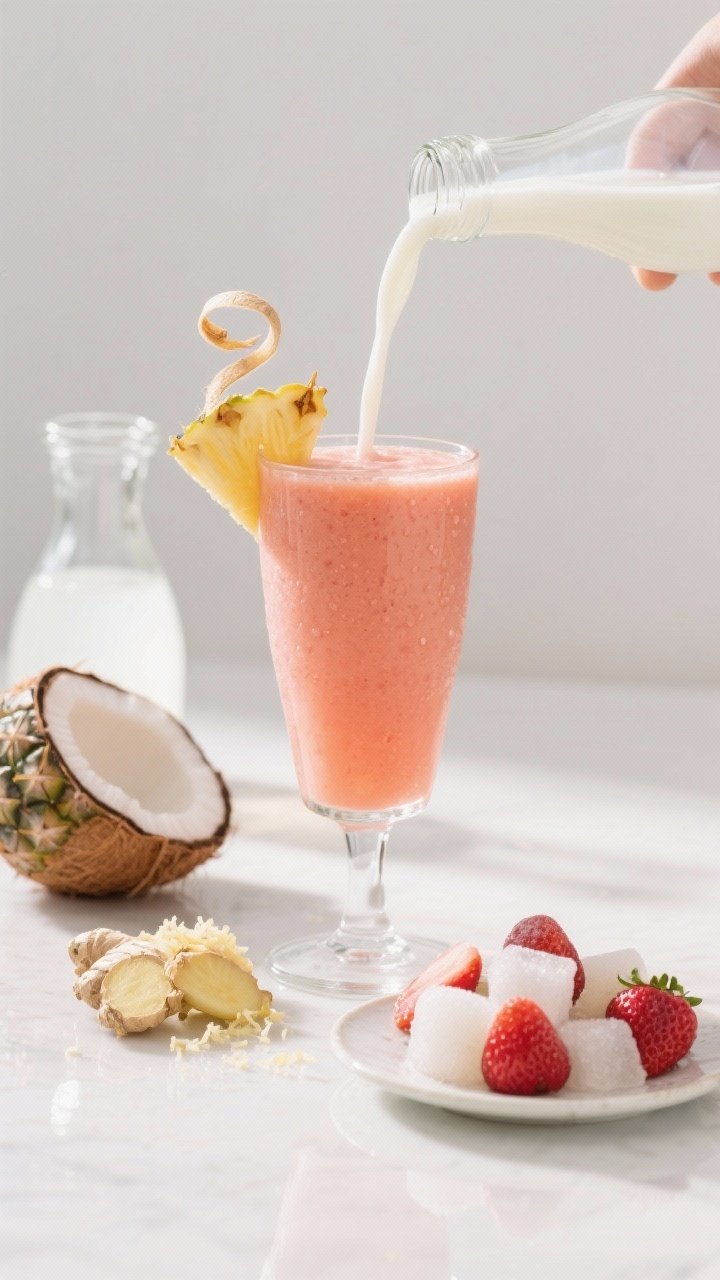 45-degree angle pour shot capturing the Strawberry Coconut Sunrise Smoothie With Pineapple Glow being poured into a tall glass, showing a luminous coral-pink hue; styling includes light coconut milk in a small carafe, coconut water in a clear bottle, frosty strawberries, frozen pineapple chunks with condensation, and a micro-grated mound of fresh ginger on a tiny plate; a thin curl of ginger and a pineapple wedge as garnish; bright sunrise light with warm highlights, clean white backdrop, crisp reflections, no people.