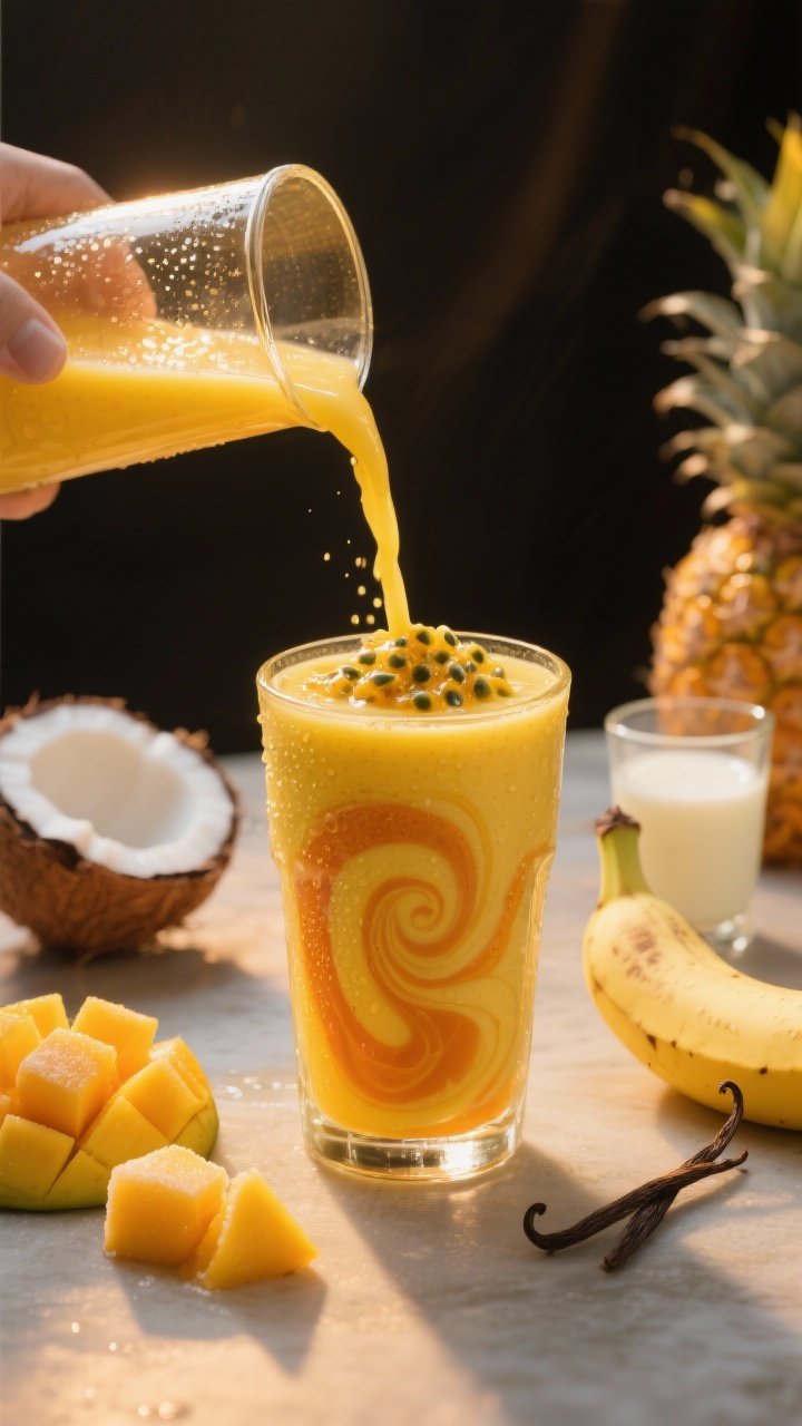 45-degree angle pouring shot of a Sunset Pineapple Mango Smoothie With Passion Fruit Swirl: a rich yellow smoothie in a clear glass with a dramatic marbled swirl of fresh passion fruit pulp. Include ingredient cues nearby: frozen mango and pineapple chunks, a small ripe banana, a small glass of chilled coconut milk, a splash of orange juice, and a vanilla pod or bottle. Golden-hour styled lighting to enhance “sunset” vibes, condensation on glass, minimal props, high contrast and vivid color separation in the swirl.