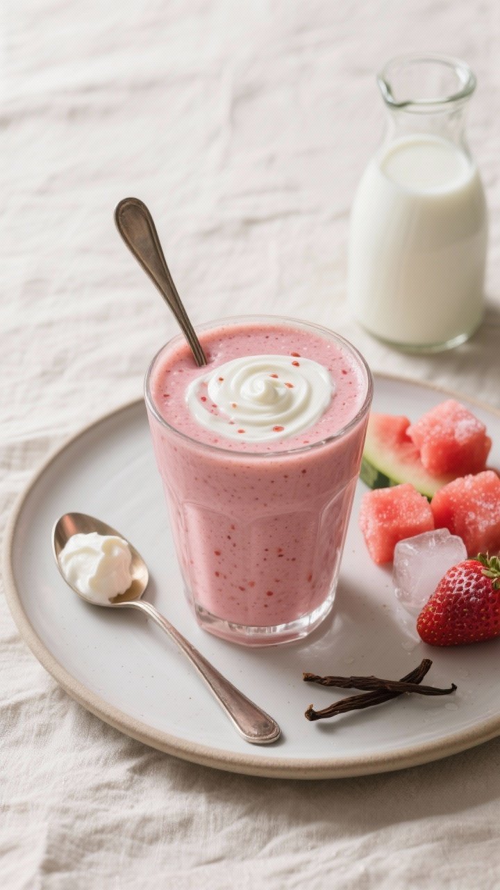 45-degree hero shot of the Creamy Strawberry-Watermelon Dream With Greek Yogurt: a thick, blush-pink smoothie in a wide tumbler topped with a spoon swirl showing creamy texture, tiny strawberry seeds visible; ingredients reflected subtly around—Greek yogurt dollop on a spoon, unsweetened almond milk in a small carafe, chilled watermelon cubes, frozen strawberries frosted with ice, and a pinch of vanilla pod seeds; set on a light linen with matte ceramic plate, soft diffuse light emphasizing creaminess and gentle shadows.