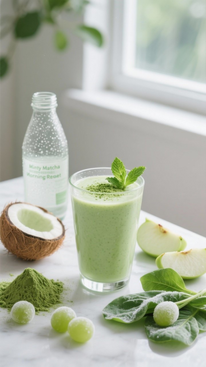 45-degree minimalist morning scene for “Minty Matcha Morning Reset”: luminous light-green smoothie in a clear highball glass, topped with a tiny matcha dusting and a sprig of fresh mint; chilled coconut water bottle nearby with condensation, a small heap of culinary-grade matcha powder, green apple wedges, scattered spinach leaves, and a few frosty frozen green grapes; soft window light, airy and calming wellness vibe, crisp focus on refreshing textures.