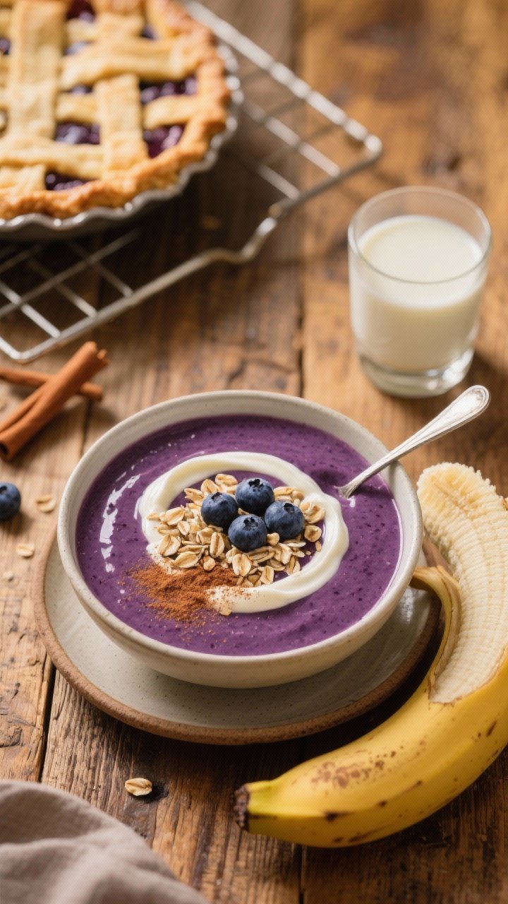 45-degree plated dessert-for-breakfast scene evoking blueberry pie vibes: a thick, spoonable smoothie in a bowl, deep purple, topped with a neat swirl of vanilla yogurt, a sprinkle of rolled oats, cinnamon dust, a pinch of nutmeg, and a few whole blueberries. Include a nearby glass of milk of choice and the 1 frozen banana in frame. Present on a rustic wooden table with a pie-cooling-rack prop and a cinnamon stick for aroma cue, warm golden light, ultra-appetizing and cozy.