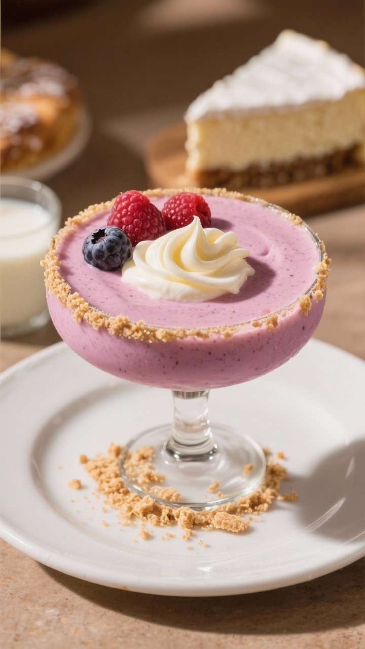 45-degree plated presentation of a dessert-for-breakfast berry vanilla cheesecake smoothie in a coupe glass, ultra-creamy, pale magenta with a cheesecake-like sheen; garnished with a dollop of vanilla Greek yogurt, a thin swirl of vanilla, crushed graham cracker crumbs at the rim and sprinkled on the base, and a trio of mixed berries perched on top; low-fat cream cheese and milk of choice subtly placed in the background; warm, indulgent, bakery-inspired lighting with soft shadows.