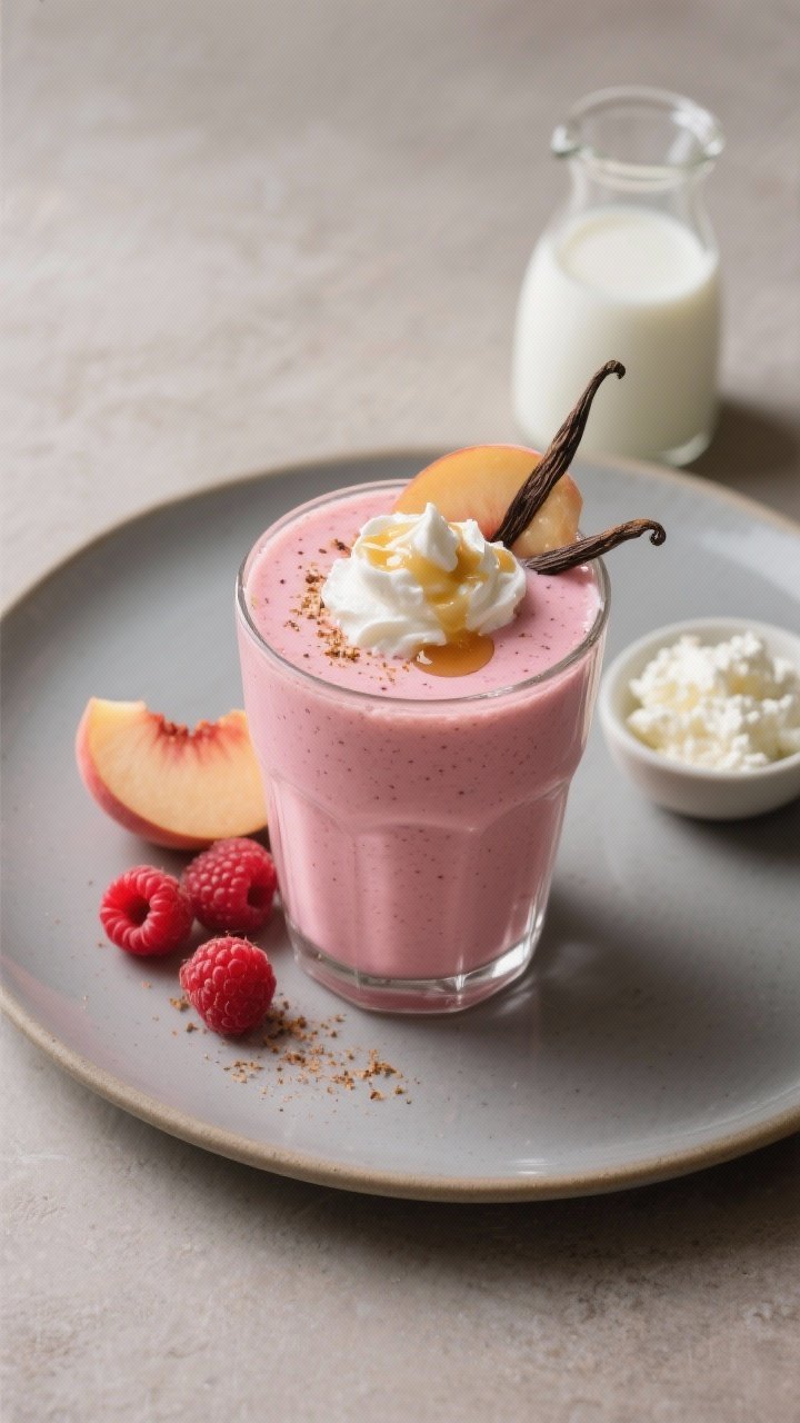 45-degree plated presentation of the Dessert-for-Breakfast Raspberry Peach Cheesecake Smoothie in a short, wide glass, ultra-creamy with a rich pink-peach tone. Garnish with a dollop of Greek yogurt or cottage cheese whip, a drizzle of honey or maple, a dusting of vanilla bean specks, and a few fresh raspberry and peach slice accents. Include the milk of choice in a small carafe and a tiny bowl of cottage cheese/Greek yogurt nearby to convey the cheesecake vibe. Soft, indulgent styling on a matte ceramic plate, dessert-like yet breakfast-friendly.