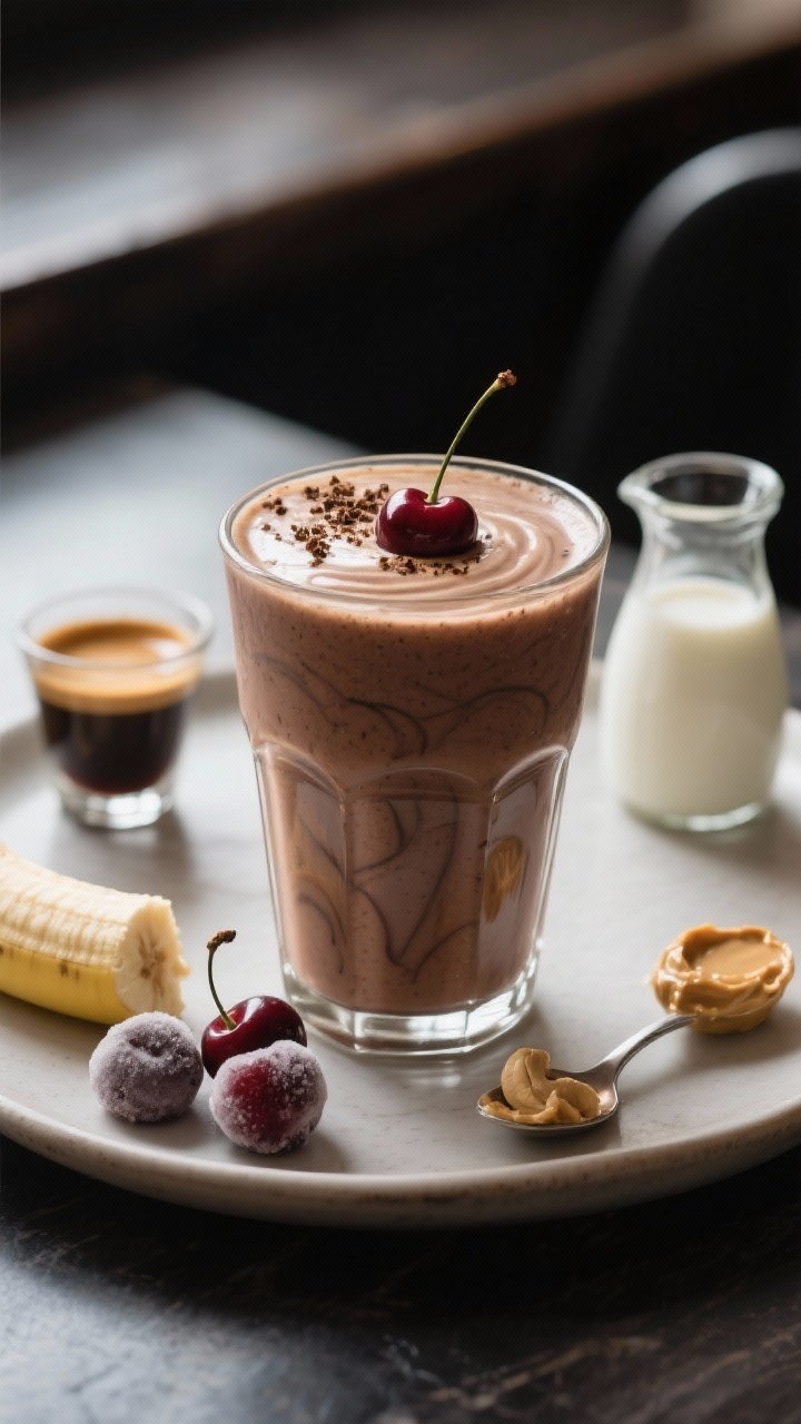 45-degree plated presentation of the Espresso Cherry Banana Buzz Smoothie in a double-walled glass, with visible crema-like swirls from the cooled espresso. Garnish with a single cherry on the rim and a light espresso sprinkle. Surround with styling cues: a cooled espresso shot in a demitasse, frozen cherries, a small frozen banana chunk, vanilla soy milk in a mini carafe, and a spoonful of cashew butter. Moody café ambiance with soft side lighting, rich coffee-cherry contrast, no people.