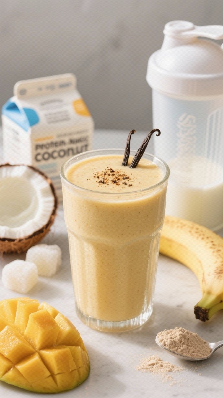 A 45-degree angle close-up of the Protein-Packed Mango Coconut Sunrise smoothie in a frosty clear tumbler, the texture visibly thicker from Greek yogurt and vanilla protein powder, with light coconut milk giving a pale golden hue. Include a dusting of vanilla bean specks on top and a tidy scoop of protein powder on a small spoon nearby. Background ingredients arranged neatly: frozen mango chunks, half a frozen banana, a container of unsweetened Greek yogurt (or dairy-free), a carton of light coconut milk, and a shaker cup. Soft morning light, fitness-fresh energy vibe, professional studio sharpness.