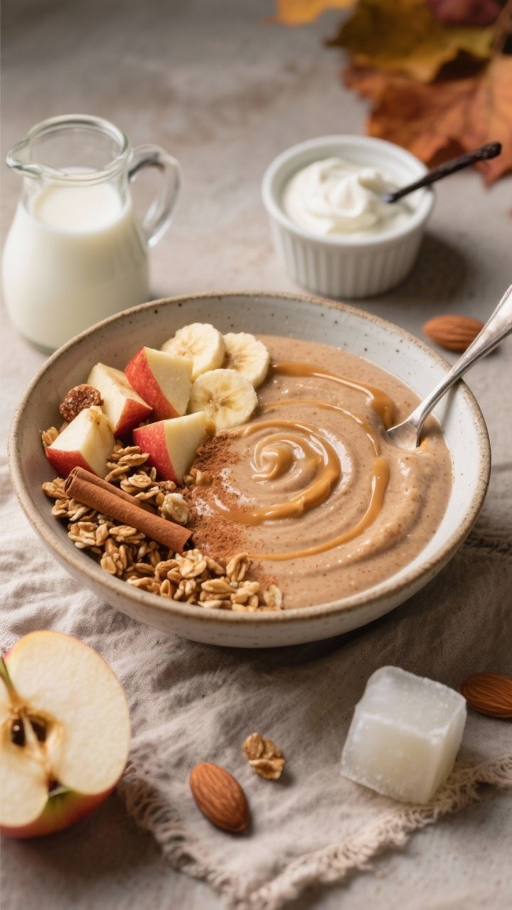 A 45-degree plated presentation of a Baked-Apple Vibes Smoothie Bowl: ultra-thick, spoonable blend in a shallow ceramic bowl, swirled and topped with cinnamon-dusted apple chunks, clusters of granola, a few banana slices, and a drizzle of almond butter. Place ingredient cues nearby: a small jug of unsweetened almond milk, vanilla Greek yogurt in a ramekin, and a frozen apple chunk on a linen. Warm, autumnal styling with rustic props and soft side light for cozy comfort.