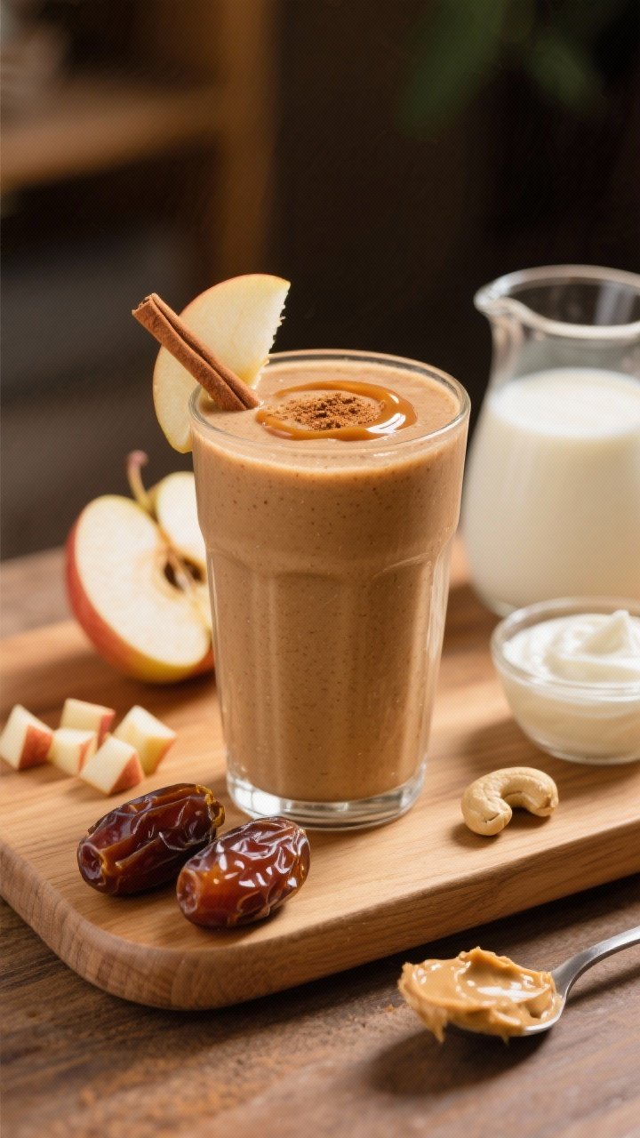 A cozy straight-on close-up of a Caramel Apple Smoothie in a short tumbler, thick and glossy, with natural caramel tones from Medjool dates. Garnish with a micro-drizzle of blended date “caramel,” a pinch of cinnamon, and a thin apple slice on the rim. Place props on a warm wood board: chopped apple, two pitted soft Medjool dates, a small pitcher of unsweetened cashew milk, a dollop of plain or vanilla yogurt, and a spoonful of cashew butter. Soft, diffused afternoon light for a dessert-like yet wholesome feel.