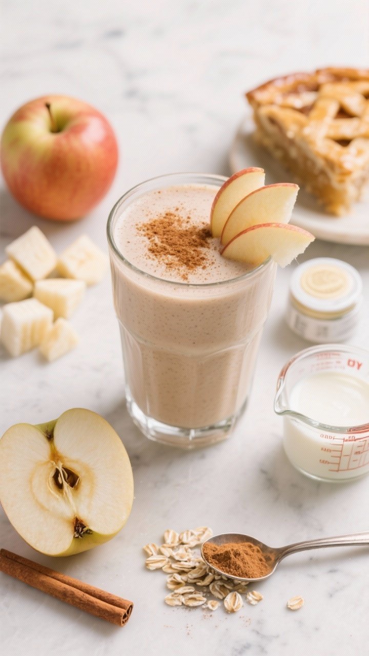 An overhead flat-lay of a Classic Apple Pie-in-a-Glass smoothie: a thick, creamy blend in a clear highball glass, topped with a dusting of cinnamon and a thin apple fan. Surround with the exact raw ingredients on a light marble surface—1 large chopped Honeycrisp or Gala apple, half a frozen banana, a small jar of plain Greek yogurt, a measuring cup of unsweetened almond milk, and a teaspoon with ground cinnamon. Include a cinnamon stick and a sprinkle of oats for pie vibes; warm, nostalgic color grading with soft morning light.