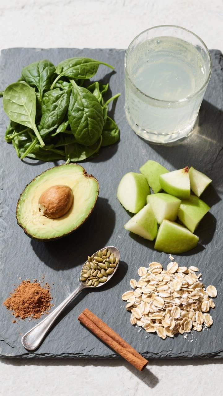 An overhead ingredient-prep shot for the Green Apple Cinnamon Glow-Up Smoothie: vibrant Granny Smith apple chunks, a neat pile of baby spinach, a quarter avocado, a spoon of hemp seeds, a sprinkle of rolled oats, and a chilled glass of coconut water, all arranged in tidy sections on a cool slate board. Include a small mound of ground cinnamon to hint at warmth. Bright, fresh color palette with high contrast and crisp shadows to emphasize greens and textures.