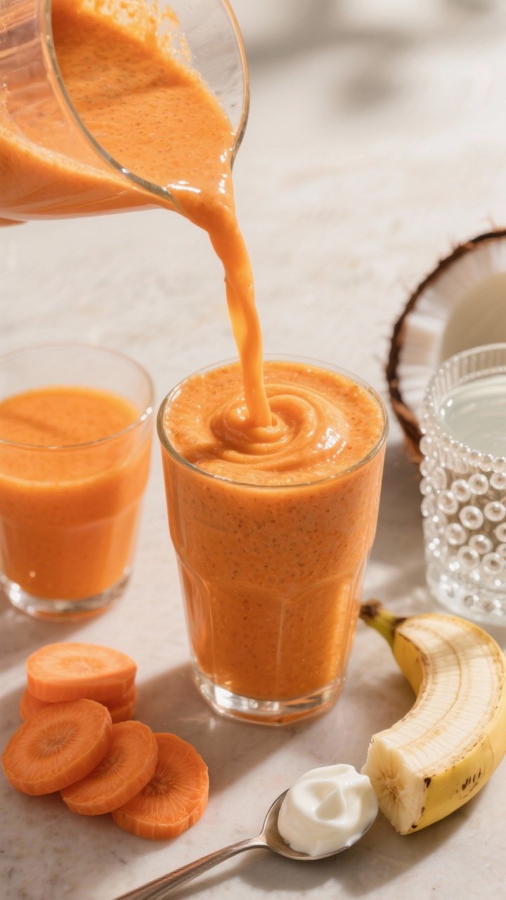 Close-up macro of the Sunrise Carrot Creamsicle Glow being poured into a short tumbler, showing silky orange color with fine carrot micro-texture; raw thinly sliced carrot coins and a second option of a small glass of carrot juice set nearby, segmented orange pieces, half a frozen banana, a dollop of yogurt on a spoon, and a beaded glass of coconut water; highlight refreshing sheen and creamy swirl on the surface; warm sunrise-toned lighting, tight depth of field.