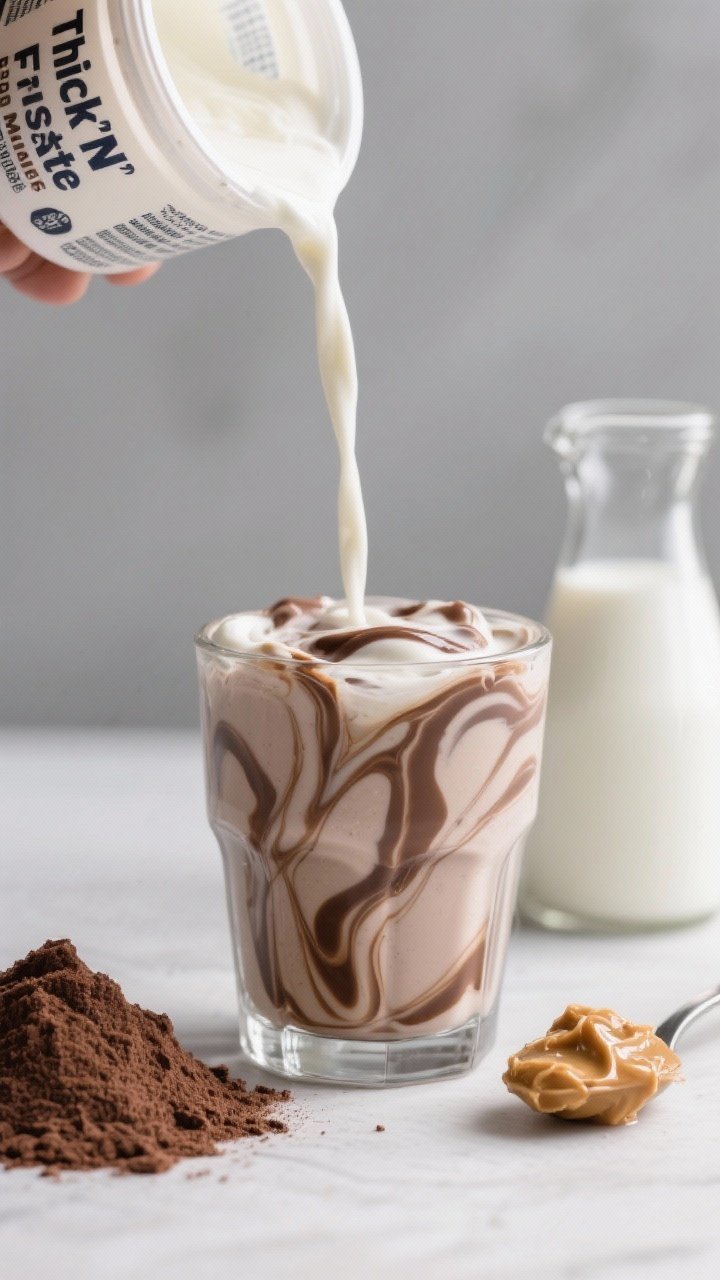 Close-up macro of the Thick ‘N’ Frosty Greek Yogurt Muscle Maker mid-pour into a clear lowball glass, showing ultra-thick, silky ribbons; ingredients subtly staged: a half-open tub of plain Greek yogurt (2% or full-fat), unsweetened almond milk in a small carafe, a heaping scoop of chocolate protein powder, and a glossy spoonful of peanut butter; cool neutral backdrop, tight depth of field highlighting creamy texture and chocolate swirls, clean modern styling, no human hands.