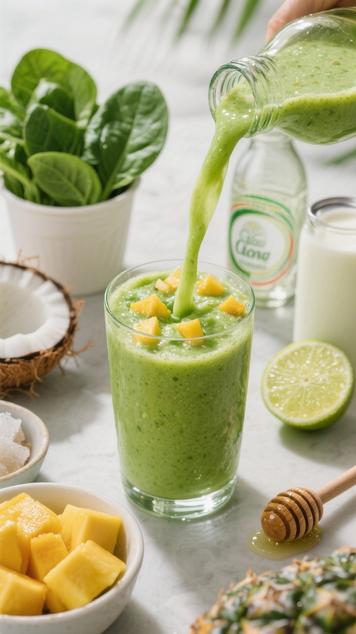 Close-up macro pour shot of the Green Glow Tropic Smoothie streaming into a chilled glass, showcasing a luminous green from baby spinach with specks of pineapple and mango; props around include a packed cup of fresh baby spinach leaves, frozen pineapple and mango chunks in small bowls, a halved lime with visible juice, a bottle of coconut water, a can of light coconut milk, and a honey dipper with a glistening thread; vibrant tropical palette, shallow depth of field, tight framing, no people.