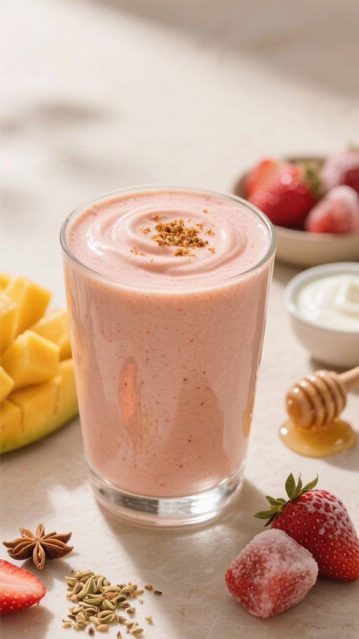 Close-up, straight-on portrait of a Creamy Strawberry Mango Lassi Smoothie With a Cardamom Twist in a chilled stemless glass, thick and velvety with soft swirls; ingredients reflected in styling: frozen mango chunks and frozen strawberries nearby, a small bowl of plain whole-milk yogurt, a drizzle of honey on a spoon, and a pinch of crushed cardamom seeds dusted on top; warm, inviting tones with gentle highlights to convey luscious creaminess and subtle spice.