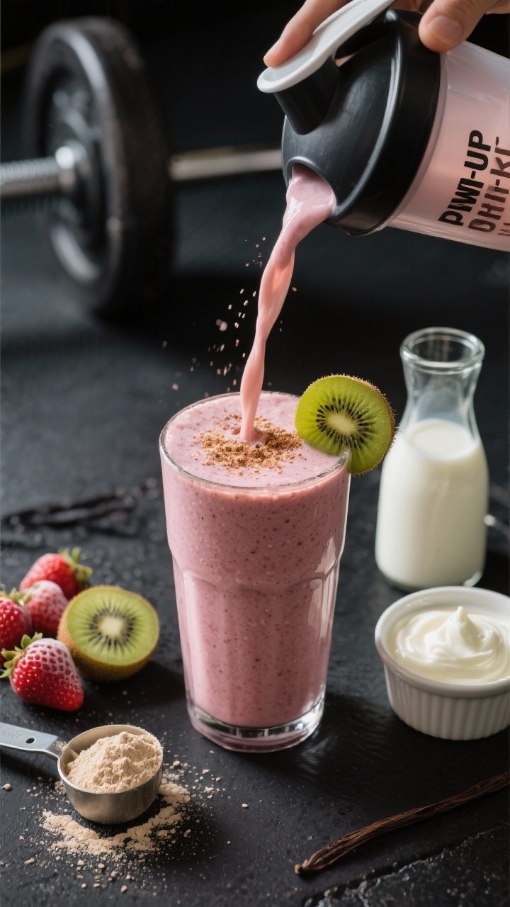 Dynamic 45-degree action shot of the Power-Up Strawberry Kiwi Protein Smoothie being poured into a shaker-style glass, thick and frosty with a protein-rich sheen; ingredients visible around: 1 cup frozen strawberries, 1 peeled chopped kiwi, 1 scoop vanilla protein powder in a measuring scoop, 3/4 cup unsweetened milk of choice in a small carafe, 1/4 cup plain Greek yogurt in a ramekin; post-workout vibe with a dark gym-like surface, strong side light, minimal styling, finished glass topped with a dusting of vanilla powder and a kiwi slice on the rim.