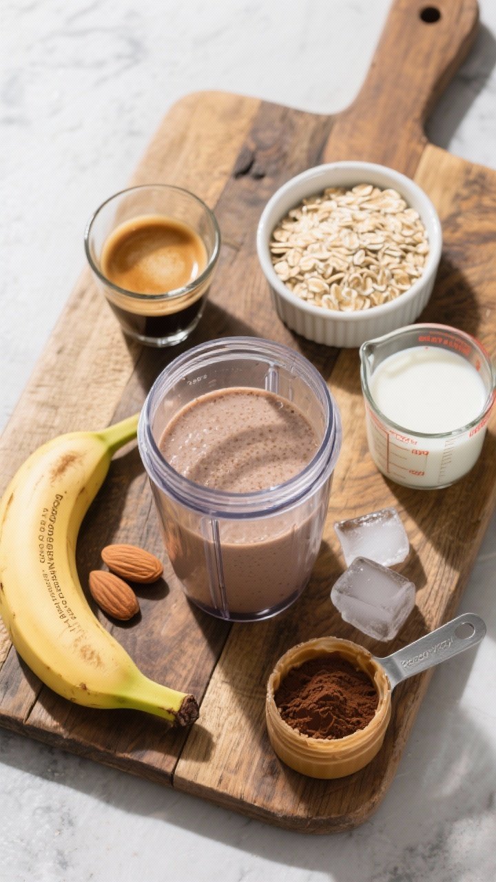 Ingredient-forward overhead layout for “Recovery Smoothie With Espresso And Oats”: a medium recovery smoothie captured as an ingredient prep shot. On a rustic wooden board: a double shot of espresso in a small glass, rolled oats in a ramekin, a medium banana, almond milk in a measuring cup, cocoa powder, almond butter, a dash of cinnamon, and a few ice cubes; in the center, a blender jar with the ingredients partially added. Athletic, post-workout vibe with clean, bright lighting and purposeful arrangement, no people.