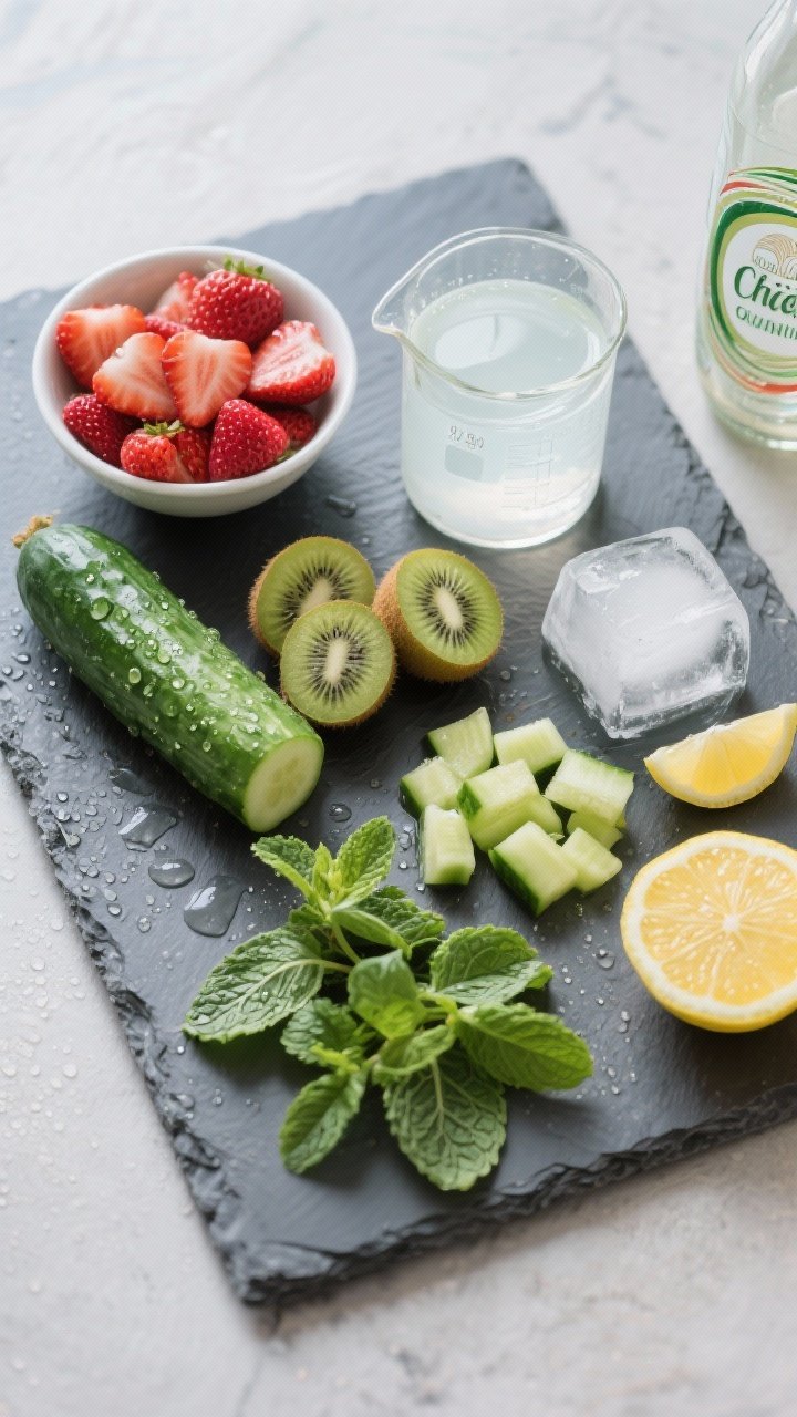 Ingredient prep shot for the Hydration Hero Strawberry Kiwi Spa Smoothie with Cucumber: overhead composition on a cool slate board featuring neatly arranged 3/4 cup fresh hulled strawberries, 2 peeled kiwis, 1/2 medium peeled chopped cucumber, a cluster of 6–8 fresh mint leaves, half a lemon cut and ready to juice, a cup of chilled coconut water in a clear beaker, and 1/2 cup ice; spa-like, ultra-refreshing aesthetic with dewdrops on cucumber and mint, crisp natural light, a glass bottle of coconut water in the corner.
