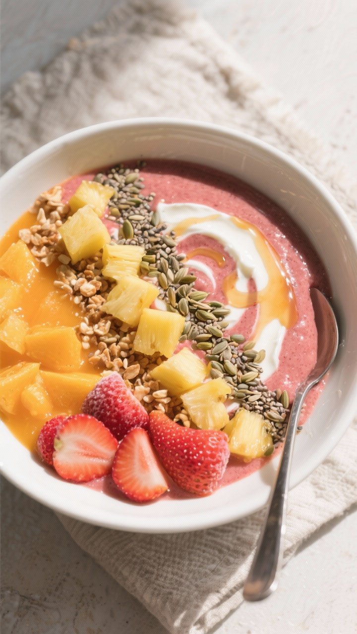 Overhead bowl presentation of the Sunrise Smoothie Bowl With Crunchy Toppings: ultra-thick, spoonable strawberry base (1 1/2 cups frozen strawberries, 1/2 cup cold orange juice, 1/2 cup vanilla Greek yogurt or coconut yogurt, and 1/4 cup frozen mango or pineapple blended), swirled to show creamy texture. Artfully arranged toppings: hemp seeds sprinkled in a line, chopped pineapple or mango cubes, sliced strawberries, and a light drizzle of honey (optional). Served in a wide white bowl on a textured linen with a spoon, vibrant sunrise color palette, crisp natural light.