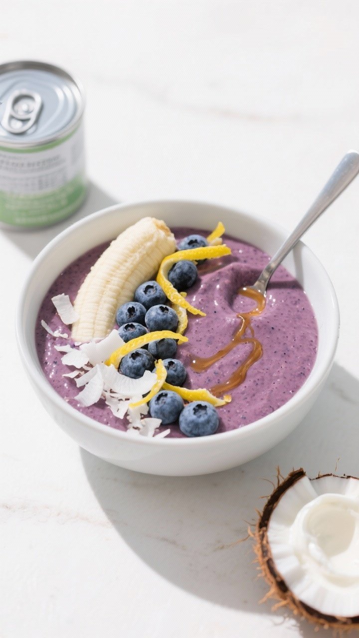 Overhead bowl shot of the Dairy-Free Lemon Blueberry Breakfast Smoothie Bowl, ultra-thick and spoonable, made with frozen blueberries, a small frozen banana, full-fat canned coconut milk, and coconut yogurt. Styled in a matte white bowl with artful toppings: coconut flakes, extra blueberries, lemon zest ribbons, and a drizzle trail that hints at sweetener (maple or agave). Include open can of coconut milk and a dollop of coconut yogurt off to the side. Bright, tropical mood, high-key lighting, clean lines, emphasis on rich texture and contrasting blues, whites, and sunny yellow zest.