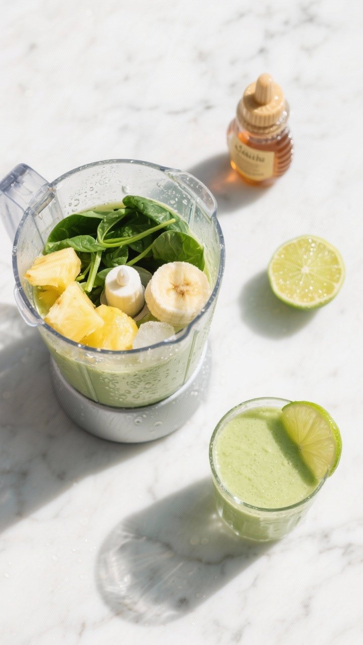 Overhead flat lay of a bright Sunshine Starter Smoothie being blended: a glass blender jar half-filled with packed fresh spinach, frozen pineapple chunks, half a frozen banana, and pale coconut water, with a squeeze bottle of honey/maple syrup and a halved lime showing glossy pulp nearby. Style on a sunlit white marble surface with condensation on the frozen fruit, vibrant green and yellow tones, and a finished glass of the glowing light-green smoothie beside the blender, lime wedge garnish on rim; crisp, clean, tropical mood, no people.