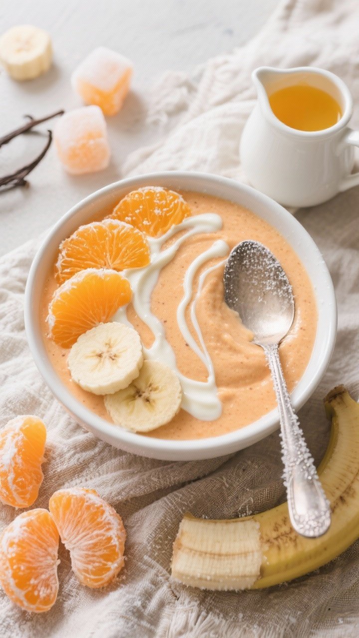 Overhead flat lay of a Frozen Orange Creamsicle Smoothie Bowl, thick and spoonable with a frosty light-orange hue in a matte white bowl; toppings artfully arranged: orange segments, banana coins, a ripple of vanilla yogurt, a drizzle pattern hinting at vanilla extract; ingredients shown around: frozen orange segments, small frozen banana, a splash of orange juice in a tiny pitcher; textured linen, chilled spoon with light frost, vibrant and inviting composition.