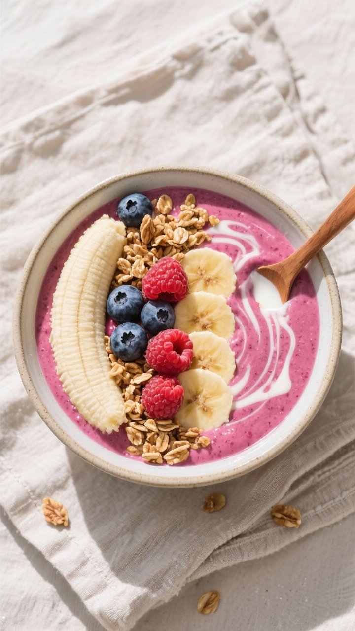 Overhead flat lay of a glow-up berry vanilla smoothie bowl: thick spoonable base of blended mixed berries, half a frozen banana, vanilla Greek (or coconut) yogurt, and a splash of vanilla almond milk, swirled to a velvety deep pink; topped with crunchy granola clusters, fresh blueberries and raspberries, sliced banana, and a drizzle pattern hinting vanilla; served in a wide ceramic bowl on a textured linen with a wooden spoon, bright, sunny, wholesome styling.