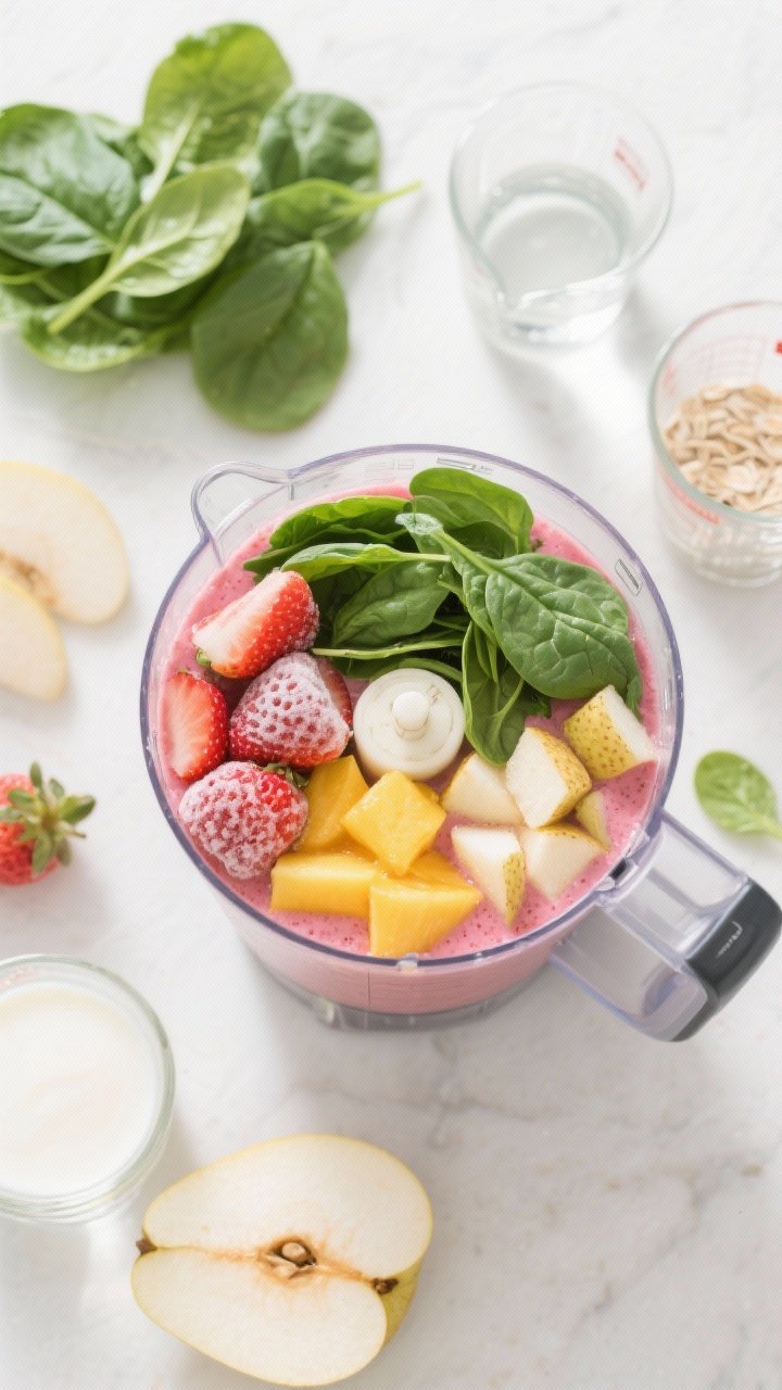 Overhead flat-lay of a Glow-Up Green Strawberry Mango Smoothie being blended: blender jar half-full showing layers—frozen strawberries, frozen mango, a packed cup of baby spinach, chopped ripe pear pieces, unsweetened oat milk, and a splash of coconut water; surrounding mise en place includes extra spinach leaves, pear slices, and measured liquids in glass prep cups; bright, clean wellness aesthetic with vibrant greens and pinks, crisp edges, no human hands.